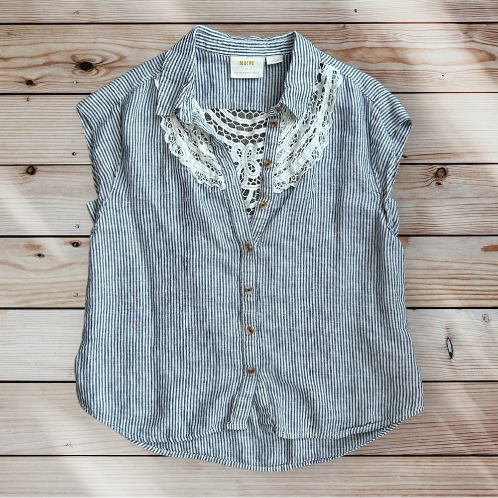 MAEVE Women’s Shortsleeved Linen Striped Button Down Top with Lace Blue/White